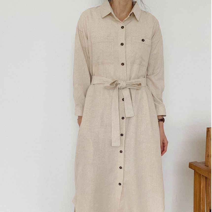 Button-Front Midi Tunic Shirt Dress & Belt Long Sleeve Set