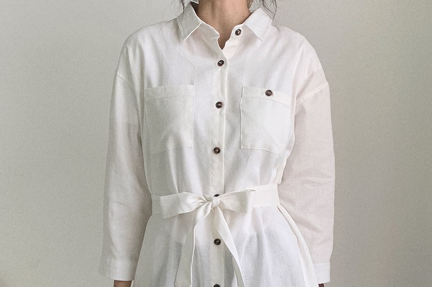 Button-Front Midi Tunic Shirt Dress & Belt Long Sleeve Set
