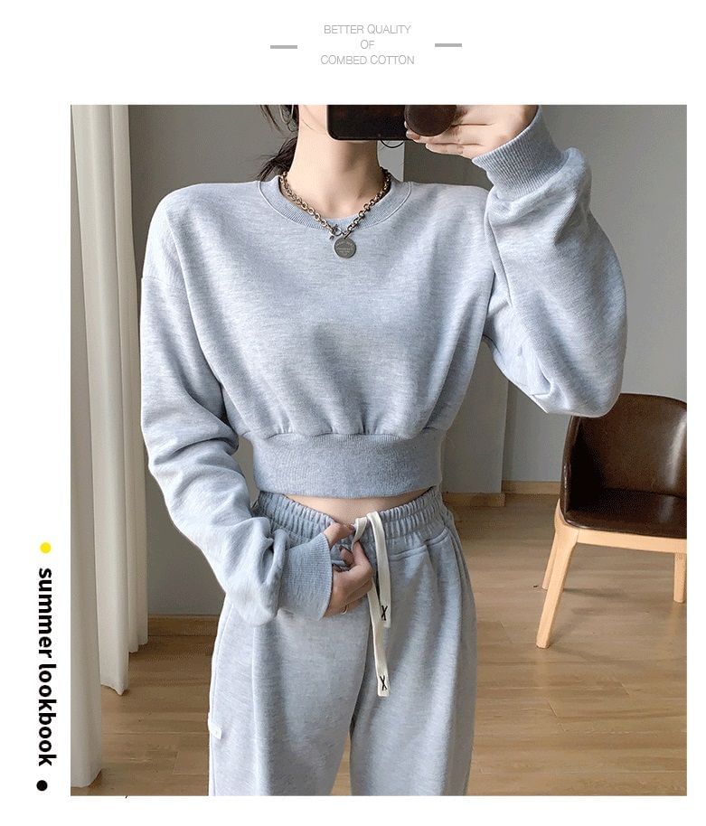 Plain Crew Neck Crop Sweatshirt