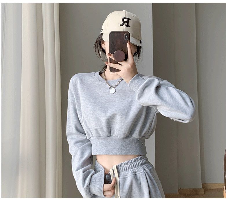 Plain Crew Neck Crop Sweatshirt