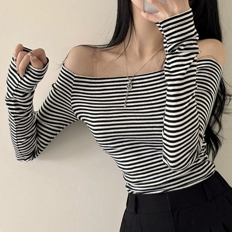 Off-Shoulder Striped Slim Fit Tee with Long Sleeves