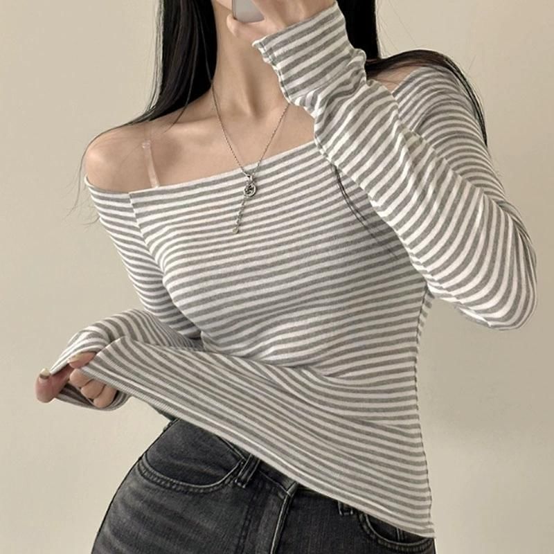Off-Shoulder Striped Slim Fit Tee with Long Sleeves