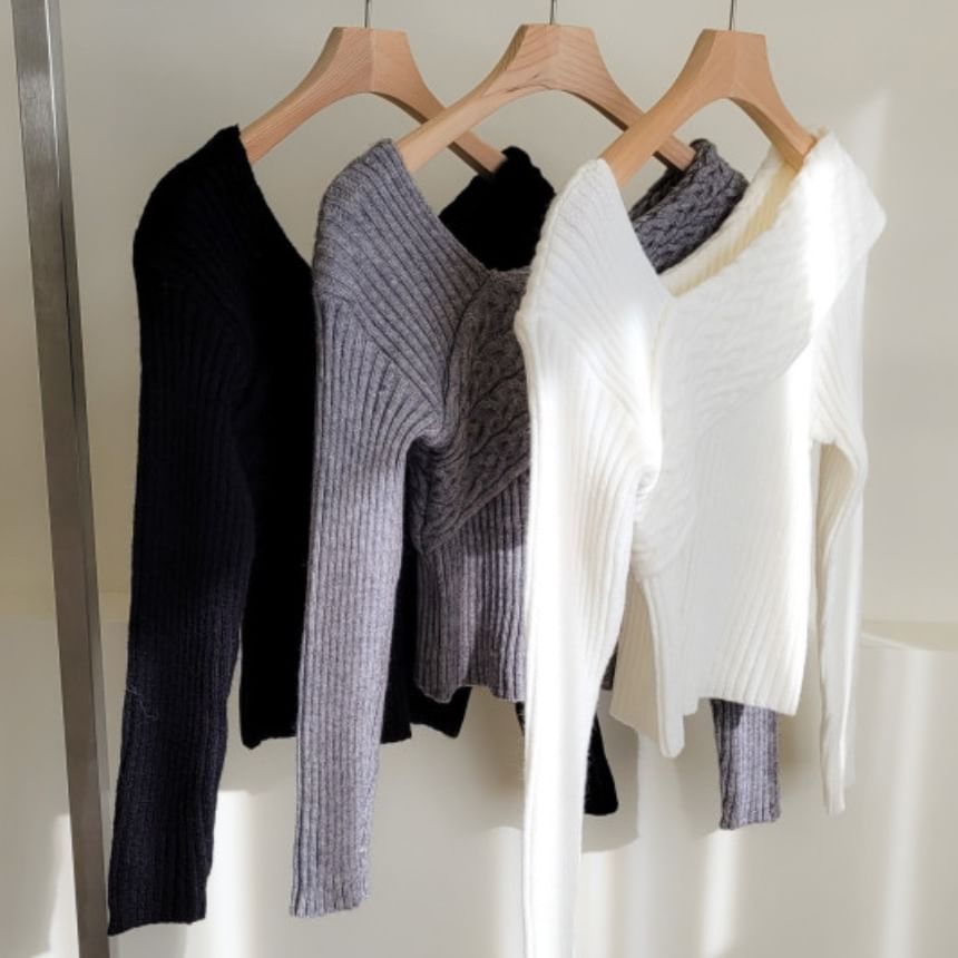 Off-Shoulder Asymmetrical Cable Knit Crop Top Long Sleeve