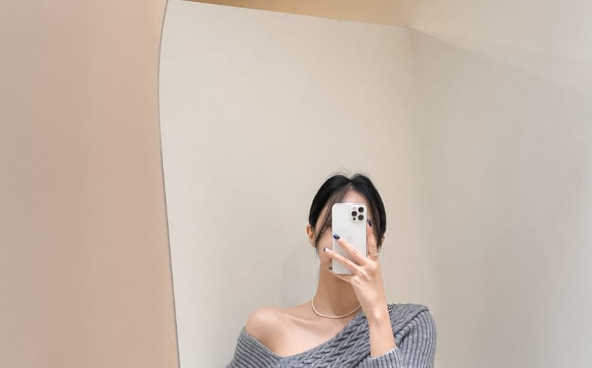 Off-Shoulder Asymmetrical Cable Knit Crop Top Long Sleeve