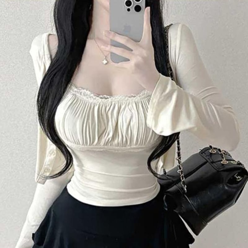 Lace Trim Ruched Scoop Neck Crop Cami & Cardigan Set