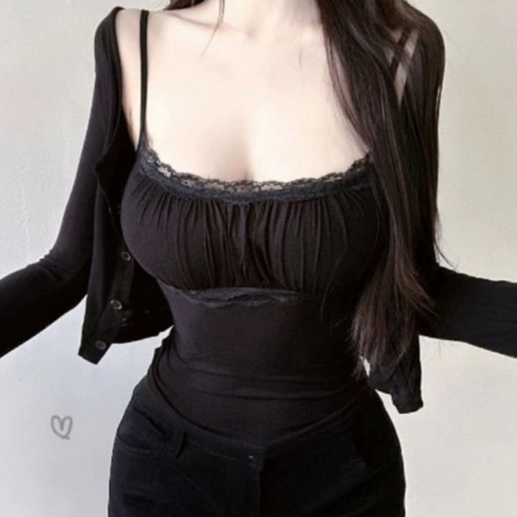 Lace Trim Ruched Scoop Neck Crop Cami & Cardigan Set