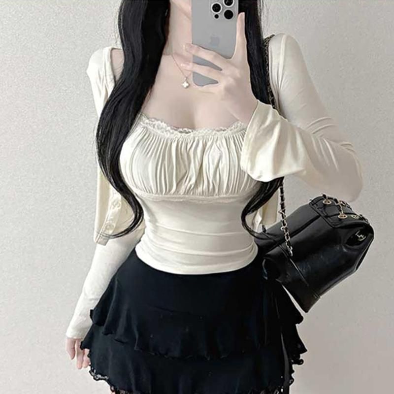 Lace Trim Ruched Scoop Neck Crop Cami & Cardigan Set