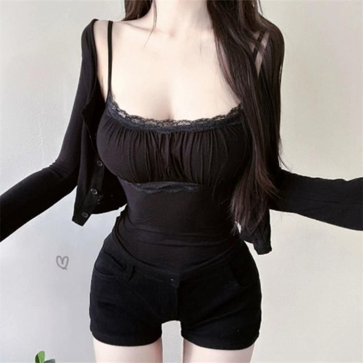 Lace Trim Ruched Scoop Neck Crop Cami & Cardigan Set