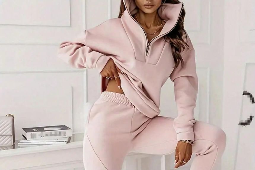 Half-Zip Plain Pullover & Elastic-Waist Harem Pants Set
