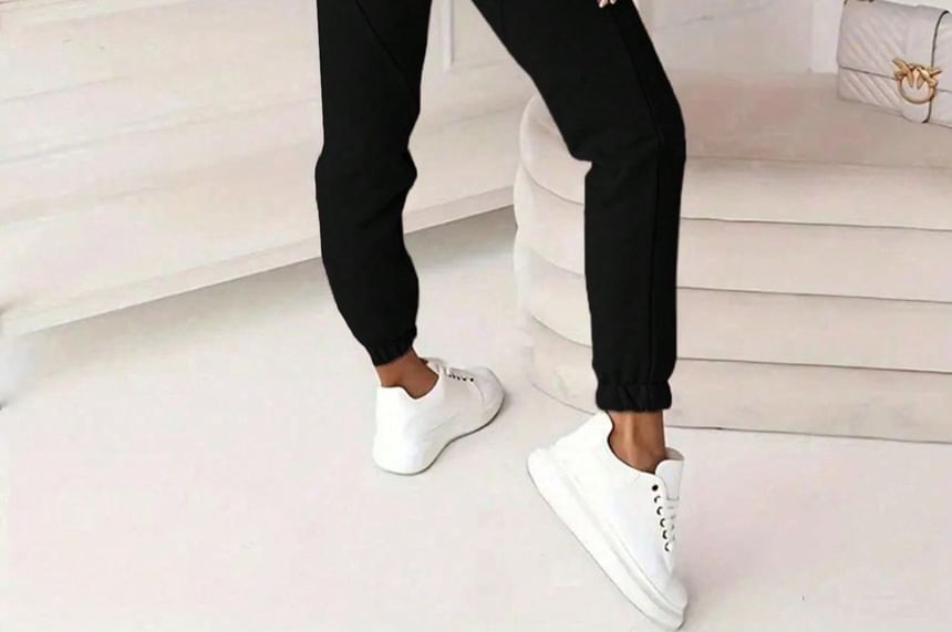 Half-Zip Plain Pullover & Elastic-Waist Harem Pants Set