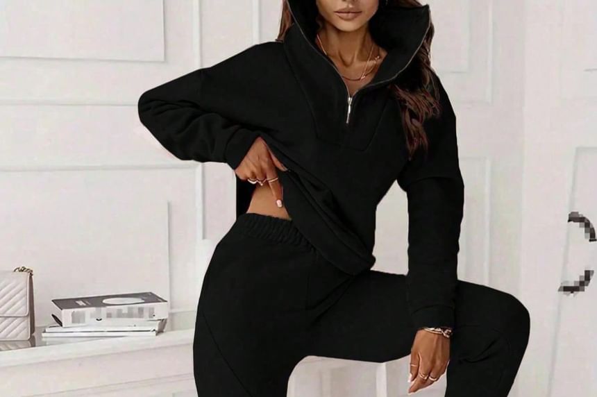Half-Zip Plain Pullover & Elastic-Waist Harem Pants Set