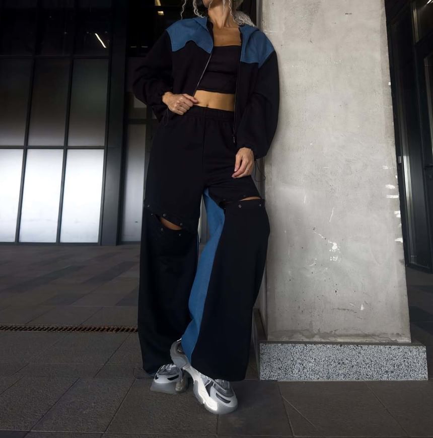 Two-Tone Zip-Up Hoodie & Button-Up Baggy Pants Set