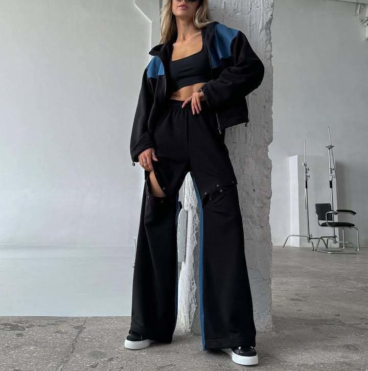 Two-Tone Zip-Up Hoodie & Button-Up Baggy Pants Set