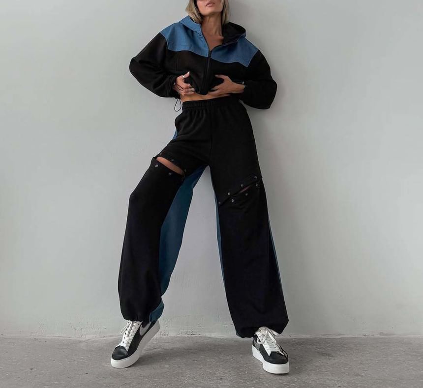 Two-Tone Zip-Up Hoodie & Button-Up Baggy Pants Set