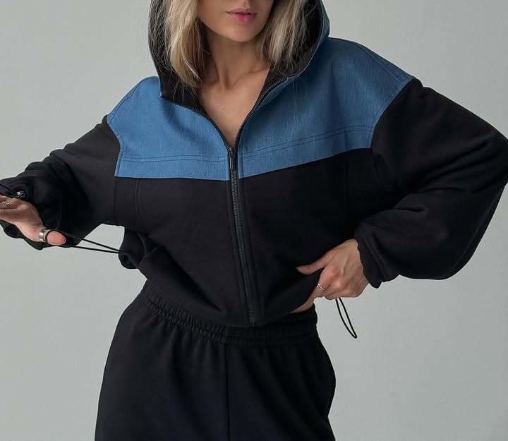 Two-Tone Zip-Up Hoodie & Button-Up Baggy Pants Set