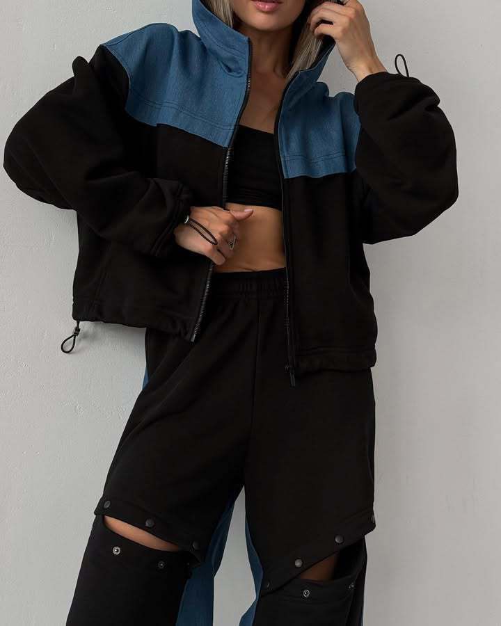 Two-Tone Zip-Up Hoodie & Button-Up Baggy Pants Set