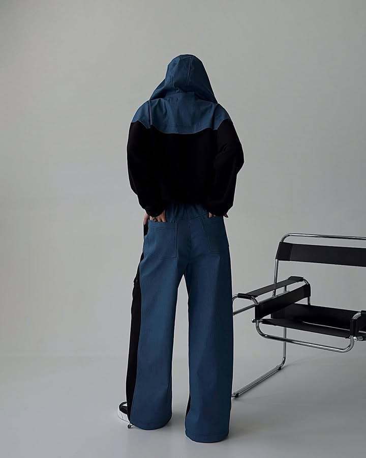 Two-Tone Zip-Up Hoodie & Button-Up Baggy Pants Set