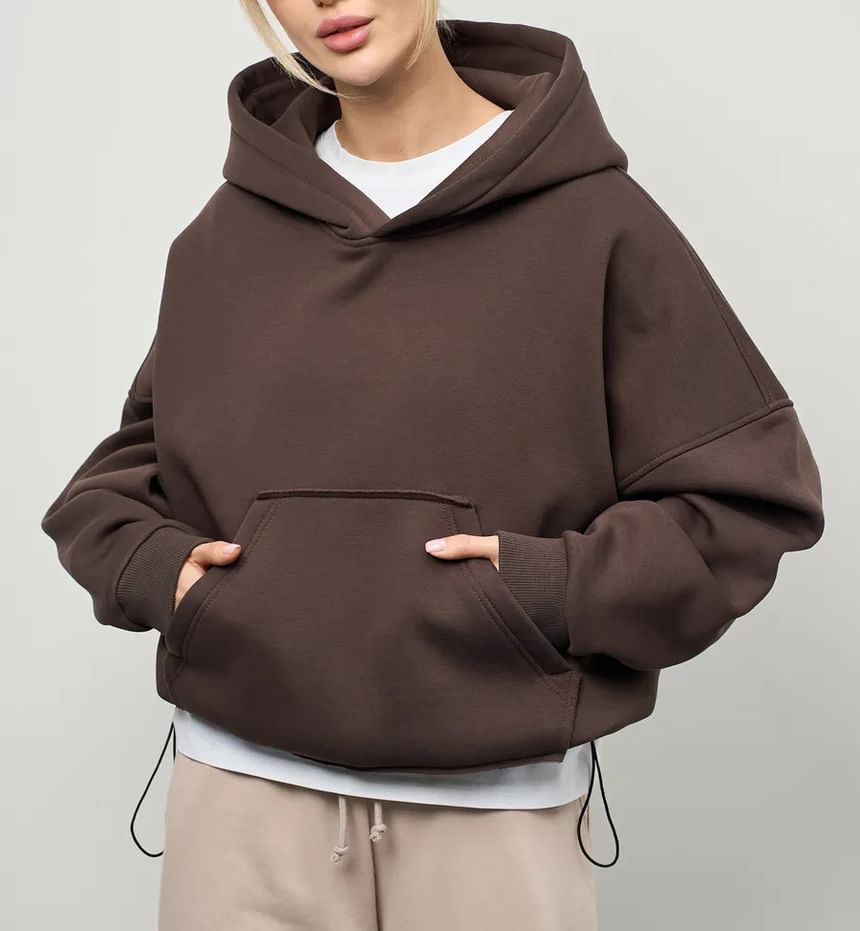 Drop-Shoulder Plain Pocket-Detail Hoodie