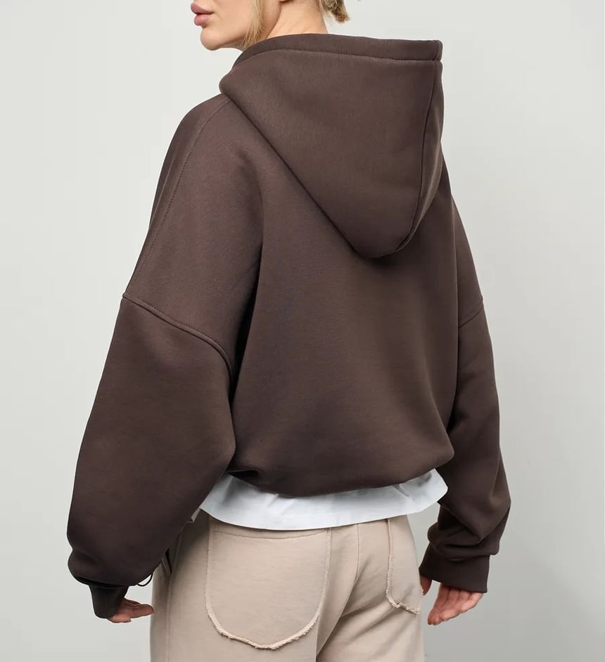 Drop-Shoulder Plain Pocket-Detail Hoodie