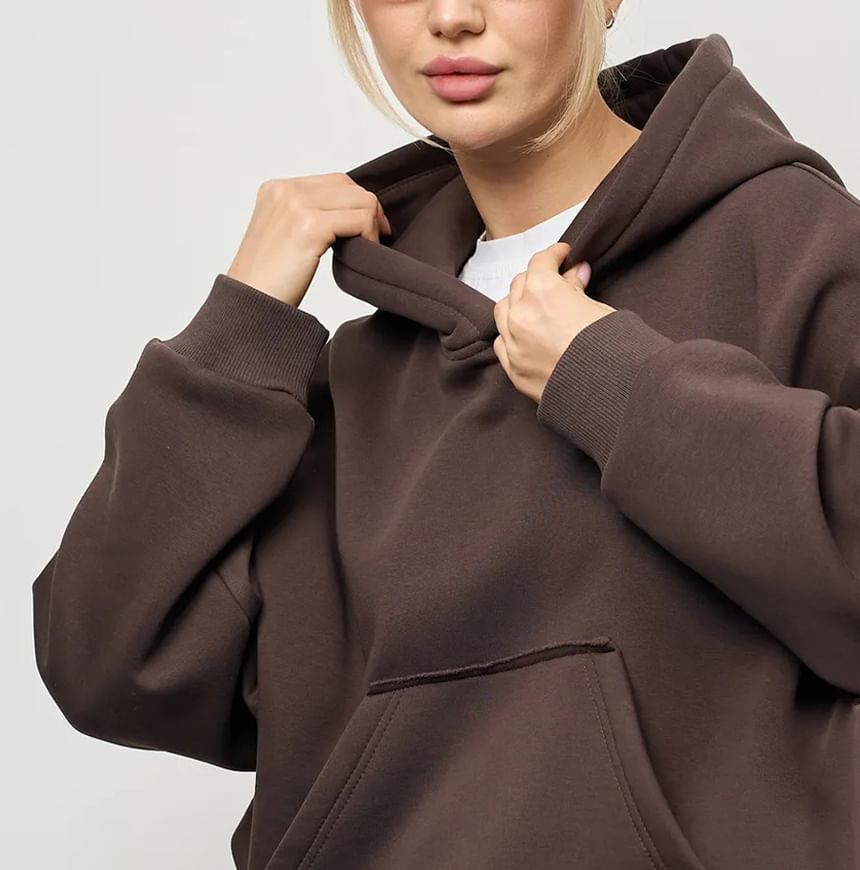 Drop-Shoulder Plain Pocket-Detail Hoodie