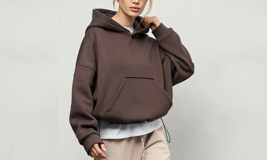 Drop-Shoulder Plain Pocket-Detail Hoodie