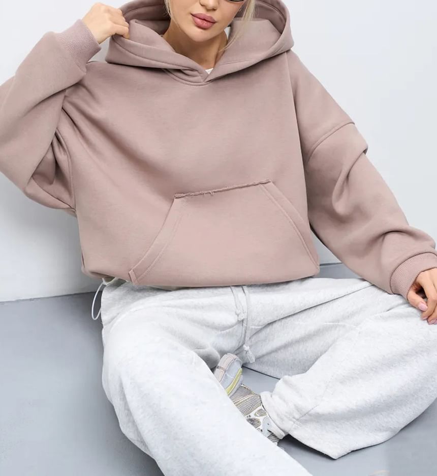 Drop-Shoulder Plain Pocket-Detail Hoodie