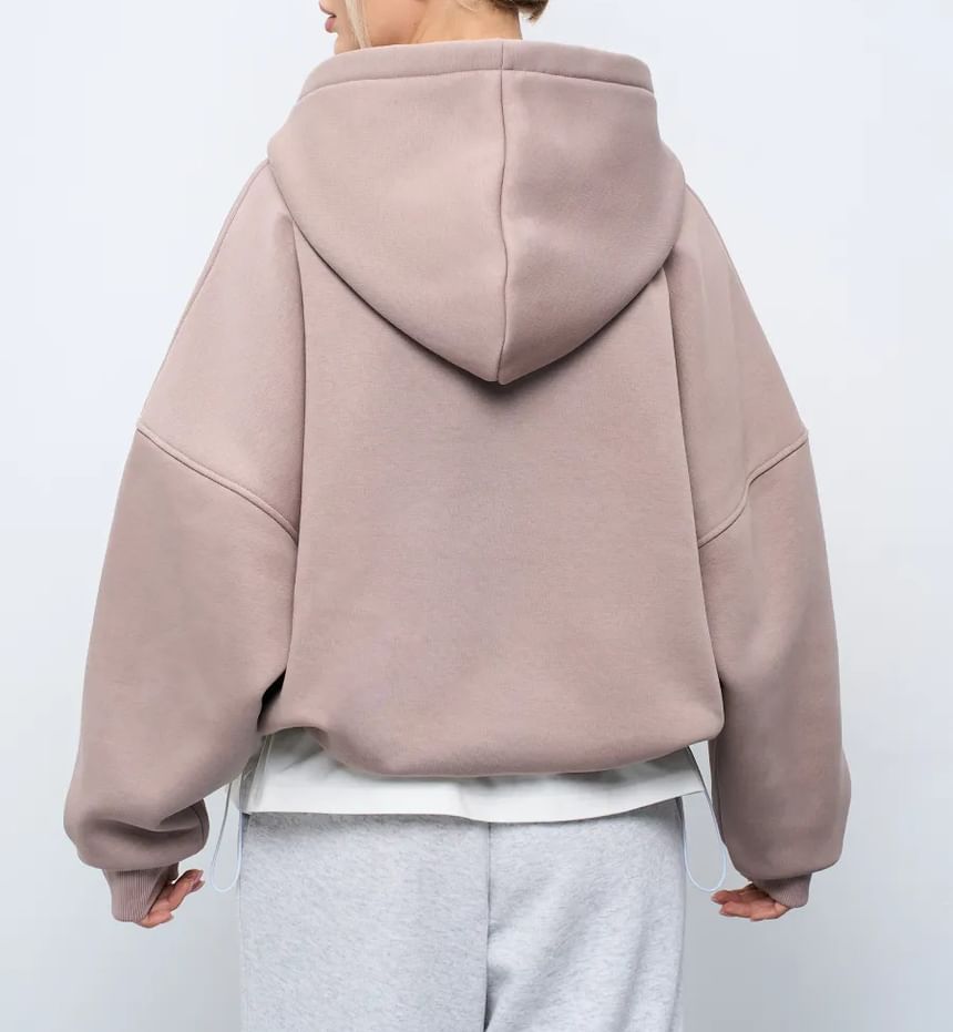 Drop-Shoulder Plain Pocket-Detail Hoodie