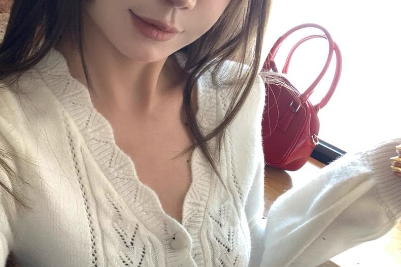 V-Neck Plain Pointelle Cable Knit Cardigan