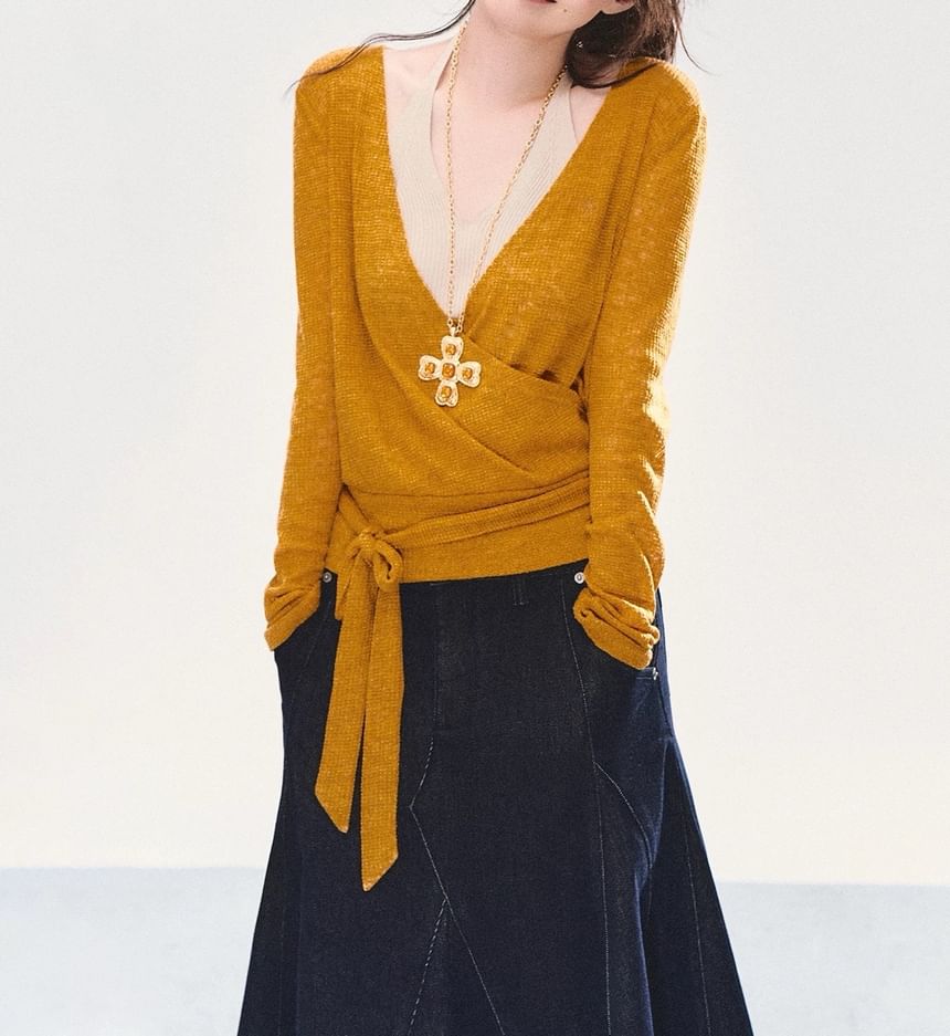Long Sleeve V-Neck Plain Tie-Up Knit Wrap Top