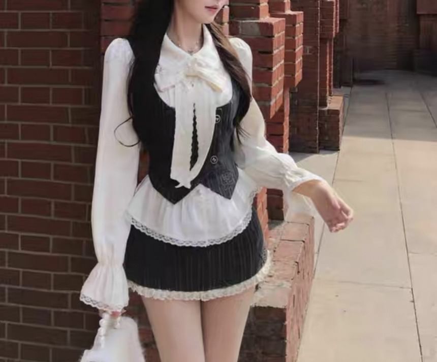 Long Sleeve Collared Plain Bow Ruffle Panel Lace Blouse / V-Neck Plaid Button Vest / High Waist Lace Trim Mini A-Line Skirt / Set