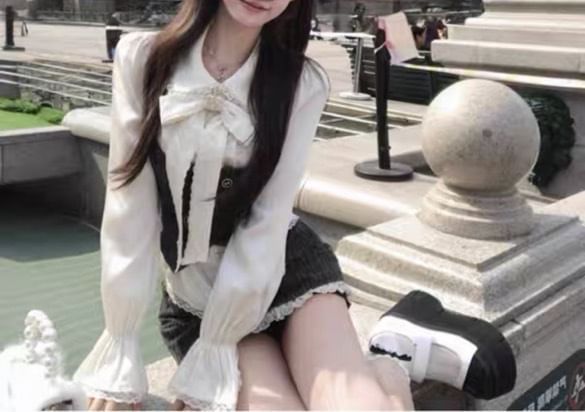 Long Sleeve Collared Plain Bow Ruffle Panel Lace Blouse / V-Neck Plaid Button Vest / High Waist Lace Trim Mini A-Line Skirt / Set