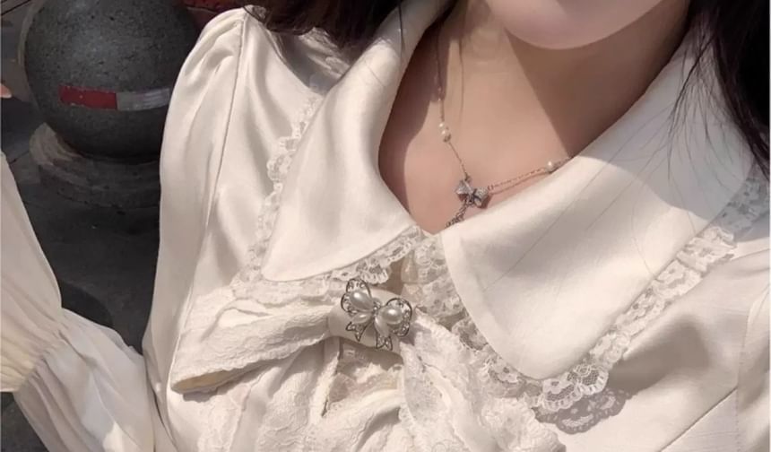 Long Sleeve Collared Plain Bow Ruffle Panel Lace Blouse / V-Neck Plaid Button Vest / High Waist Lace Trim Mini A-Line Skirt / Set