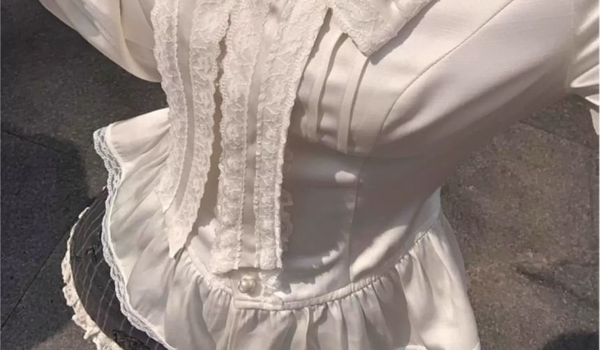 Long Sleeve Collared Plain Bow Ruffle Panel Lace Blouse / V-Neck Plaid Button Vest / High Waist Lace Trim Mini A-Line Skirt / Set