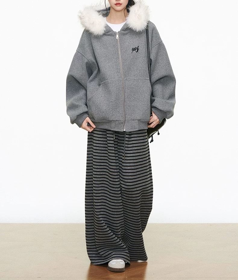 Embroidered Fluffy Trim Zip Hoodie / Drawstring Waist Striped Wide Leg Pants