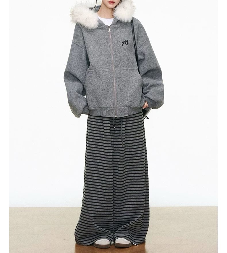 Embroidered Fluffy Trim Zip Hoodie / Drawstring Waist Striped Wide Leg Pants