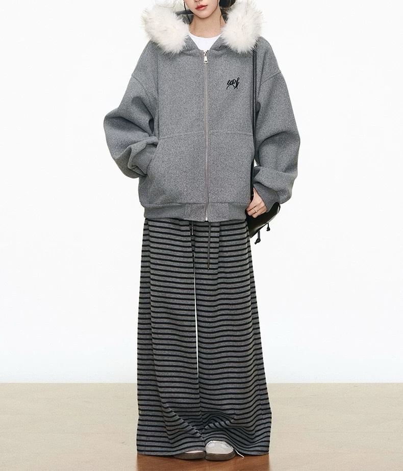 Embroidered Fluffy Trim Zip Hoodie / Drawstring Waist Striped Wide Leg Pants