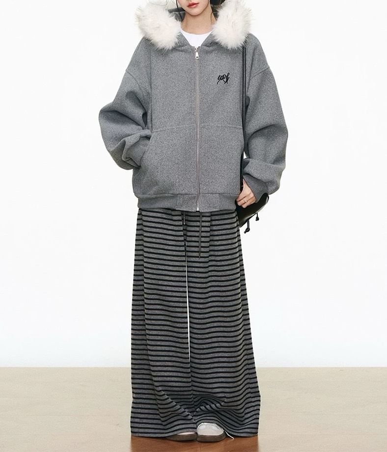 Embroidered Fluffy Trim Zip Hoodie / Drawstring Waist Striped Wide Leg Pants