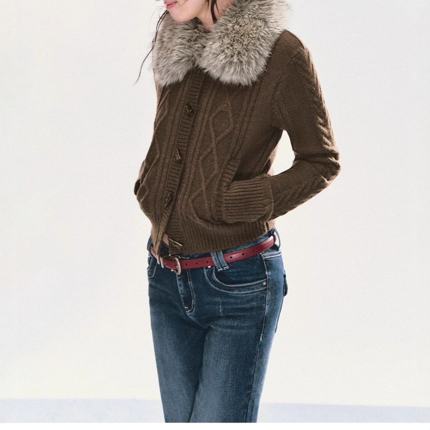 Faux Fur Collar Cable Knit Toggle Cardigan