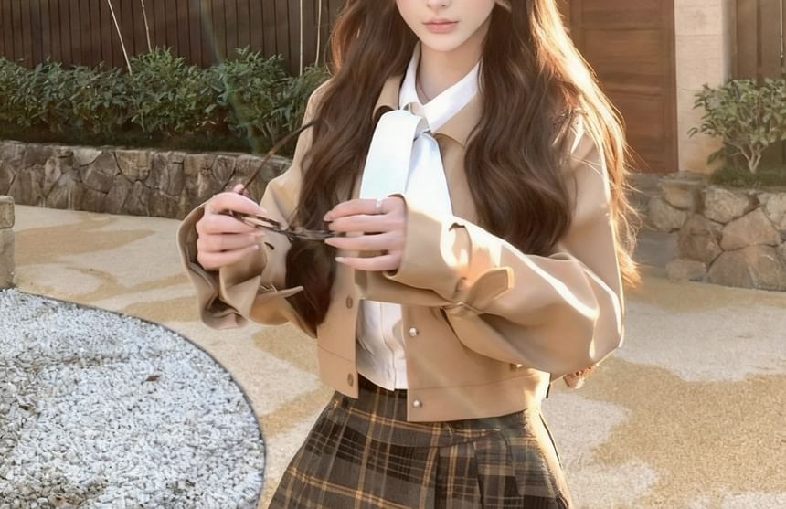 Long Sleeve Collared Plain Tie-Up Shirt / Collared Plain Button Trench Jacket / High Rise Plaid Pleated Mini A-Line Skirt