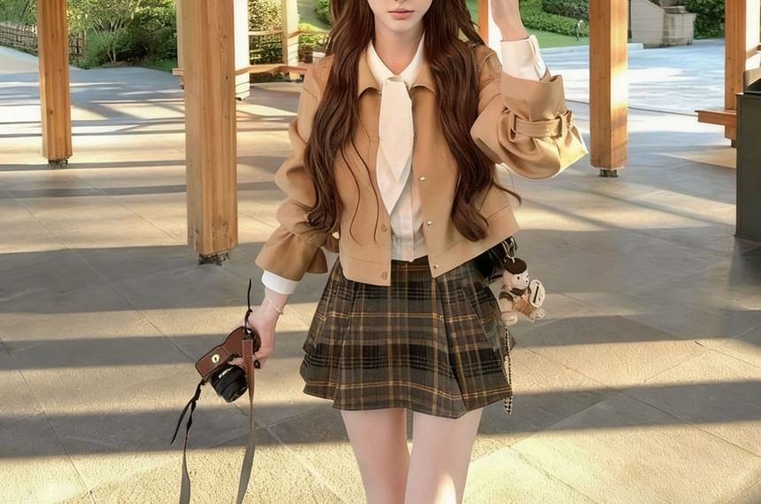 Long Sleeve Collared Plain Tie-Up Shirt / Collared Plain Button Trench Jacket / High Rise Plaid Pleated Mini A-Line Skirt