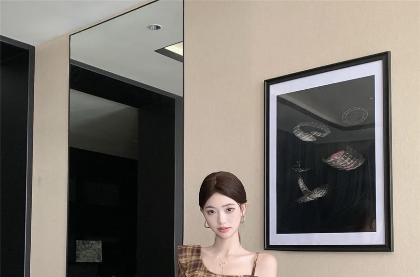 Long Sleeve Cold Shoulder Plaid Ruffle Mini A-Line Dress / Belt / Band Collar Plain Faux Suede Zip Jacket / Set