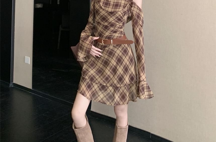 Long Sleeve Cold Shoulder Plaid Ruffle Mini A-Line Dress / Belt / Band Collar Plain Faux Suede Zip Jacket / Set