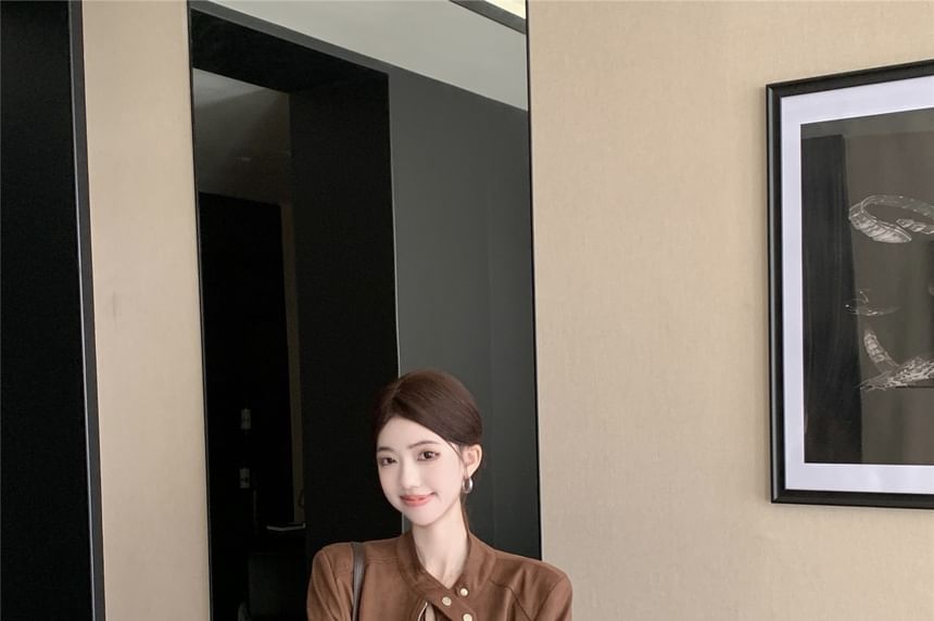 Long Sleeve Cold Shoulder Plaid Ruffle Mini A-Line Dress / Belt / Band Collar Plain Faux Suede Zip Jacket / Set