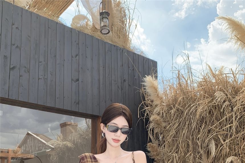 Long Sleeve Cold Shoulder Plaid Ruffle Mini A-Line Dress / Belt / Band Collar Plain Faux Suede Zip Jacket / Set