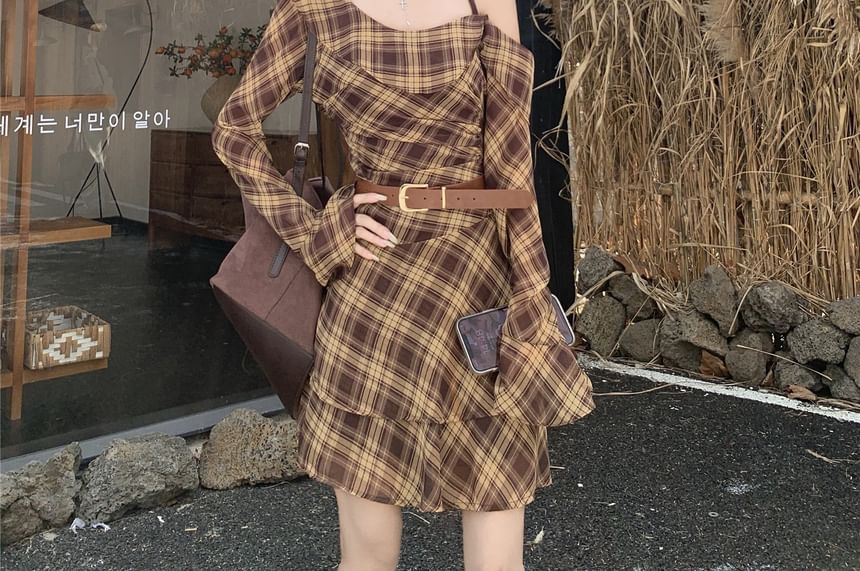 Long Sleeve Cold Shoulder Plaid Ruffle Mini A-Line Dress / Belt / Band Collar Plain Faux Suede Zip Jacket / Set
