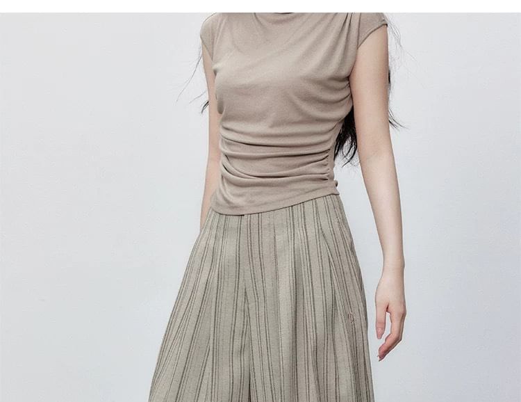 Long Sleeve V-Neck Mock Two Piece Button Knit Top / High Waist Striped Wide Leg Pants