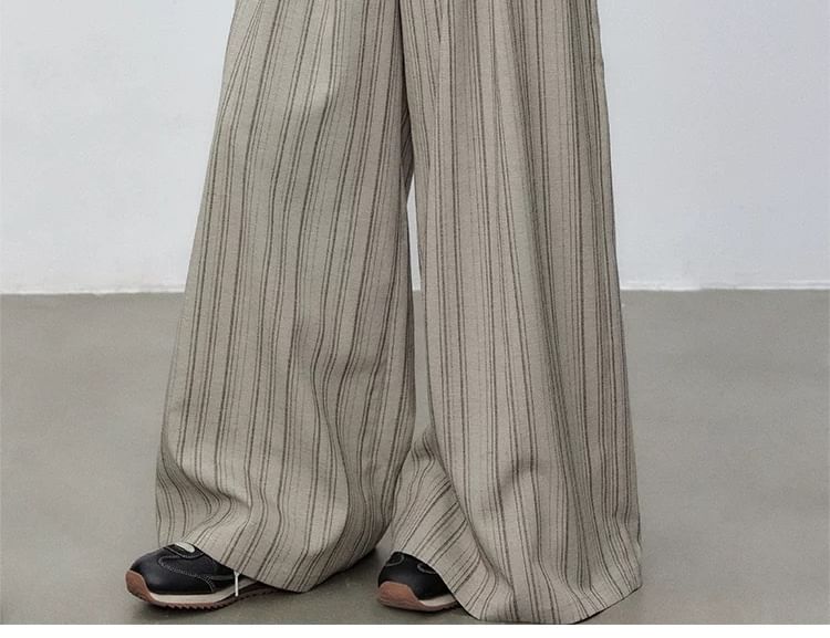 Long Sleeve V-Neck Mock Two Piece Button Knit Top / High Waist Striped Wide Leg Pants