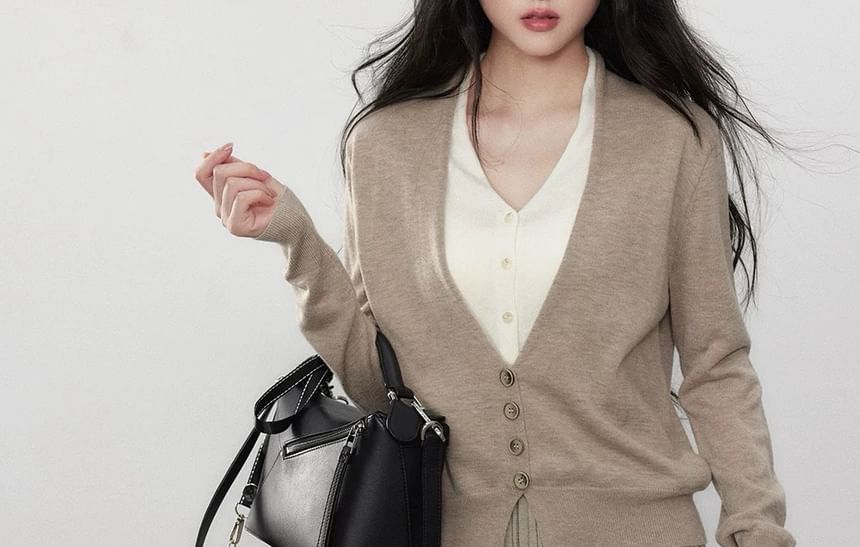 Long Sleeve V-Neck Mock Two Piece Button Knit Top / High Waist Striped Wide Leg Pants