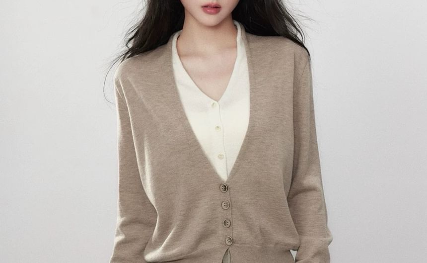 Long Sleeve V-Neck Mock Two Piece Button Knit Top / High Waist Striped Wide Leg Pants