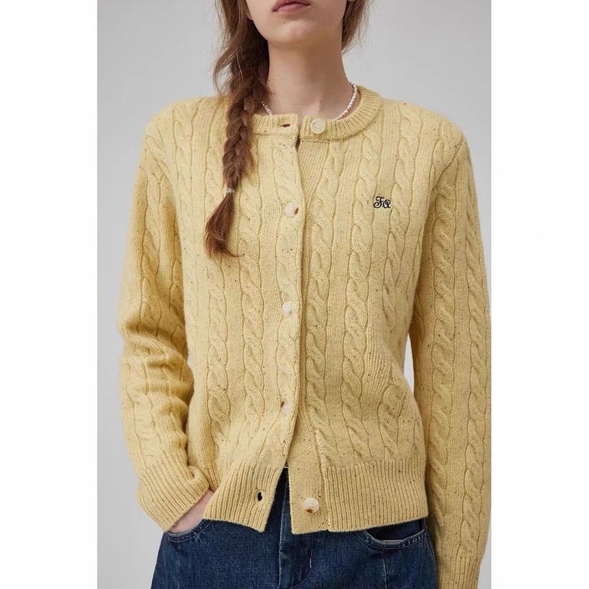 Round Neck Melange Embroidered Cable Knit Cardigan